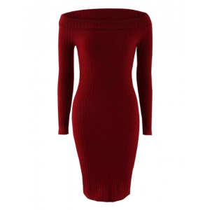 Off The Shoulder Skinny Ribbed Dress - Wine Red